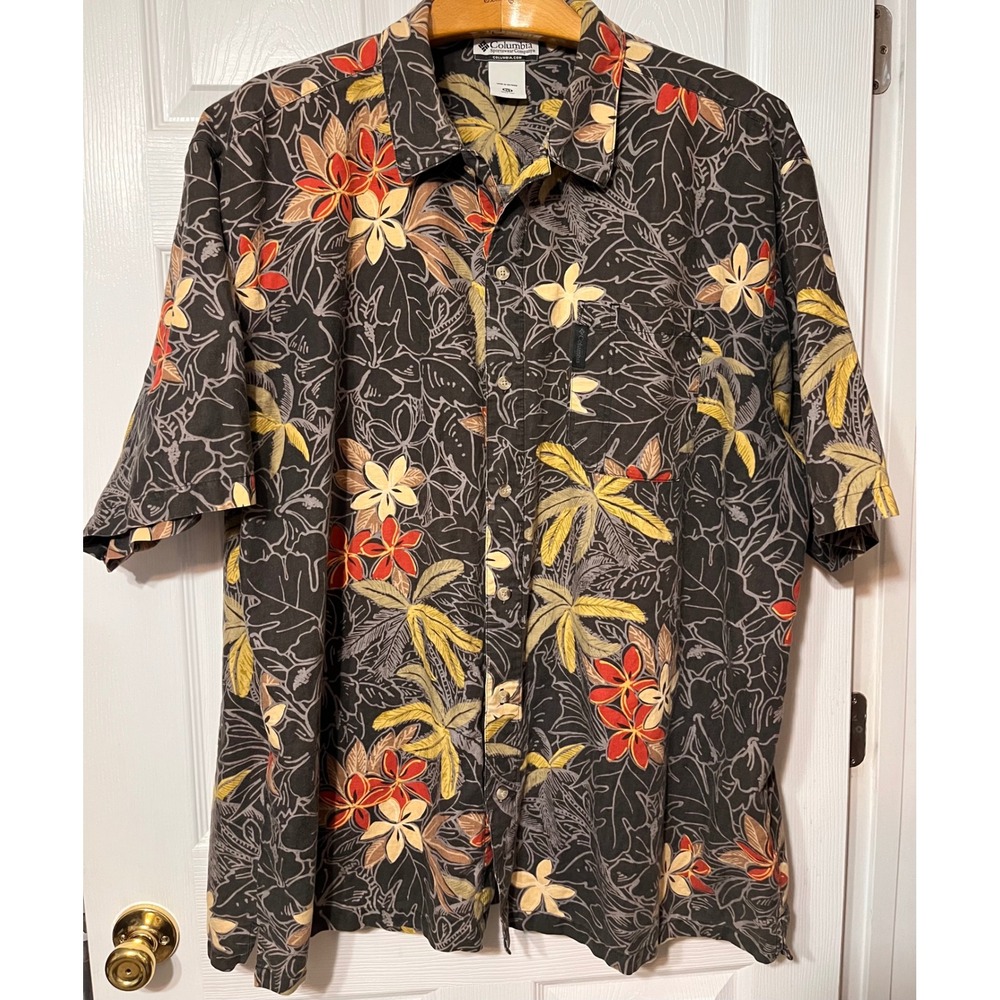 Columbia Mens 3XT Tropical Floral Linen Blend Button Down Shirt Charcoal AJ7163